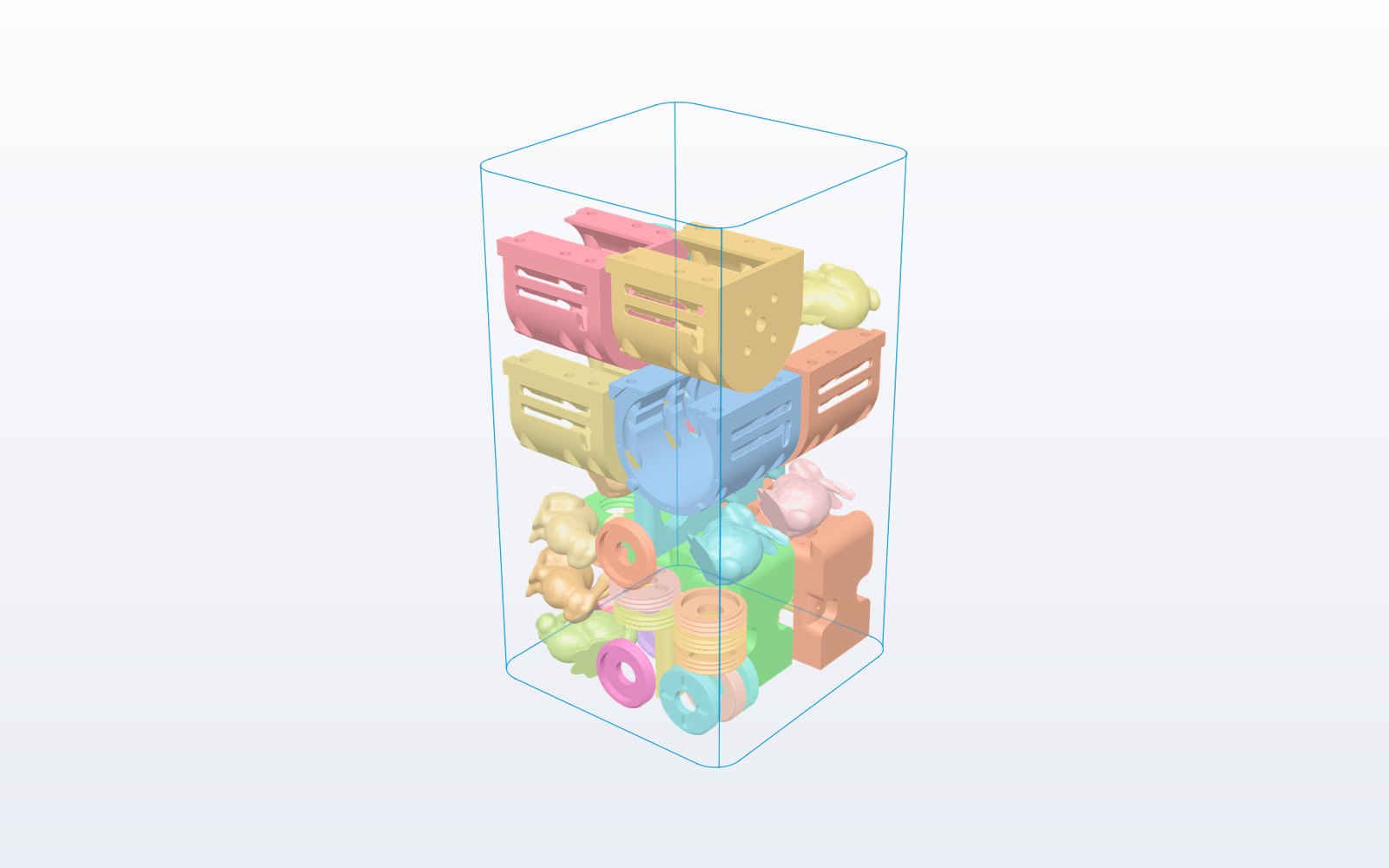 Parts packed in a 3D printer build volume with Mesh++ Pack Meshes in Autodesk Fusion