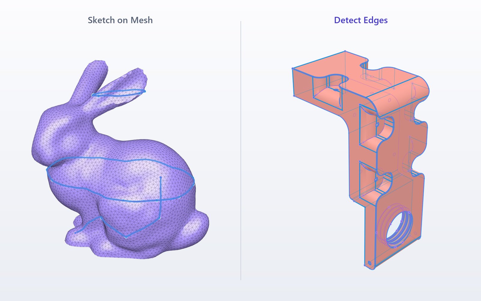 Splines drawn on a mesh with Mesh++ Sketch on Mesh, and exact edges found by Detect Edges on a machined part, in Autodesk Fusion